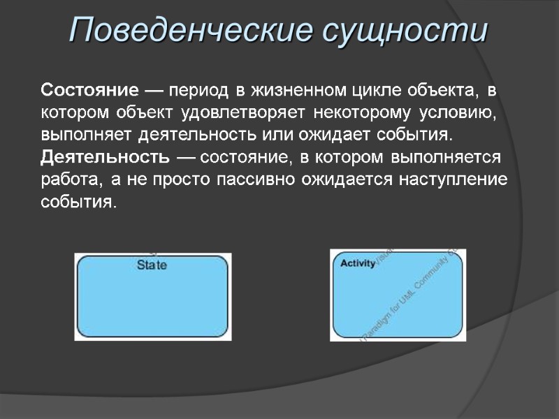 Поведенческие сущности  Состояние — период в жизненном цикле объекта, в котором объект удовлетворяет
